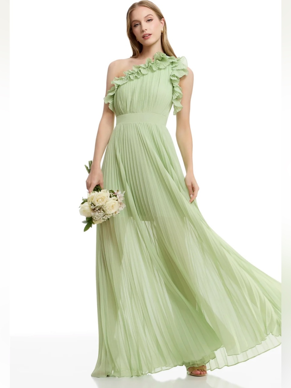 Dress the Population One-Shoulder Ruffled Pleated Maxi Dress in Light Sage